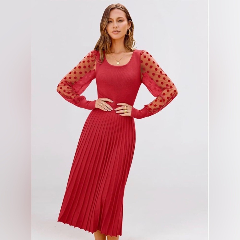 Midi A-Line Ribbed Knit Sweater Dress with Sheer Lace Polka Dot Sleeves, Pleated